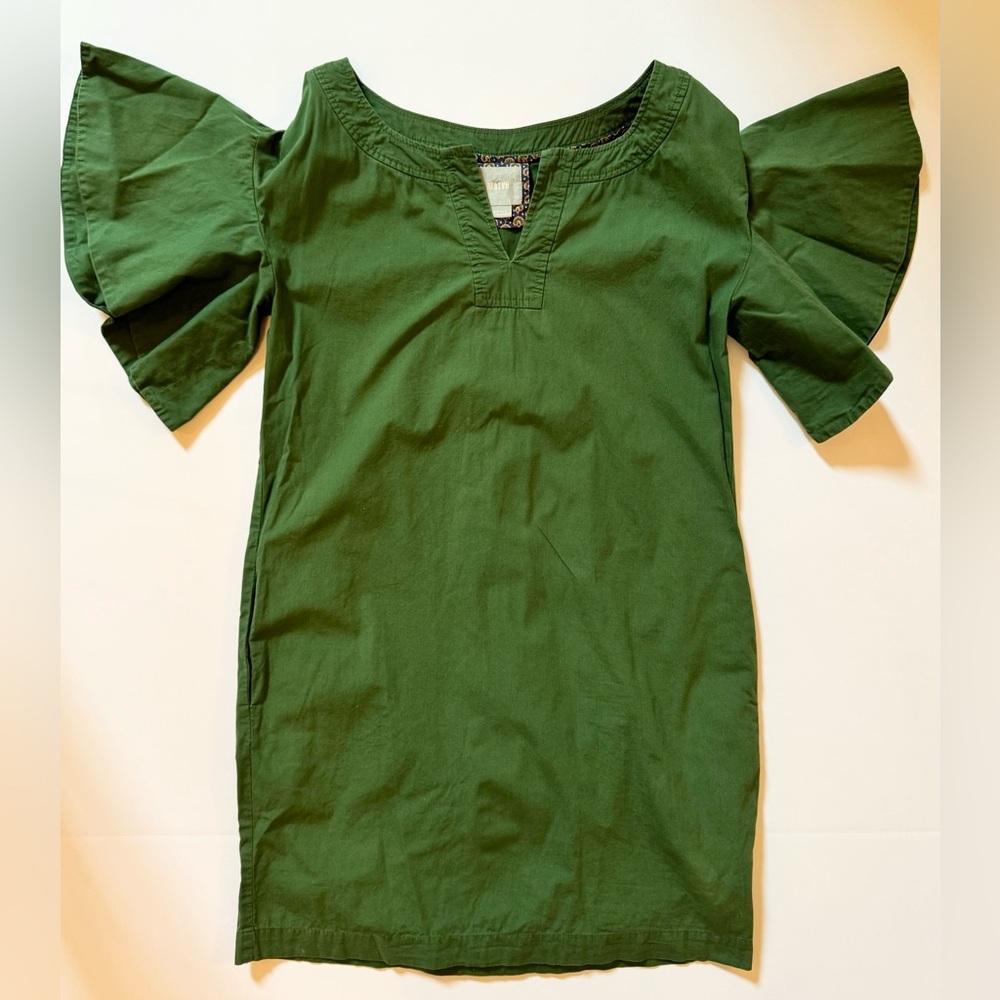 Anthropologie Size Small Green Shift Dress Ruffle Sleeves Pockets